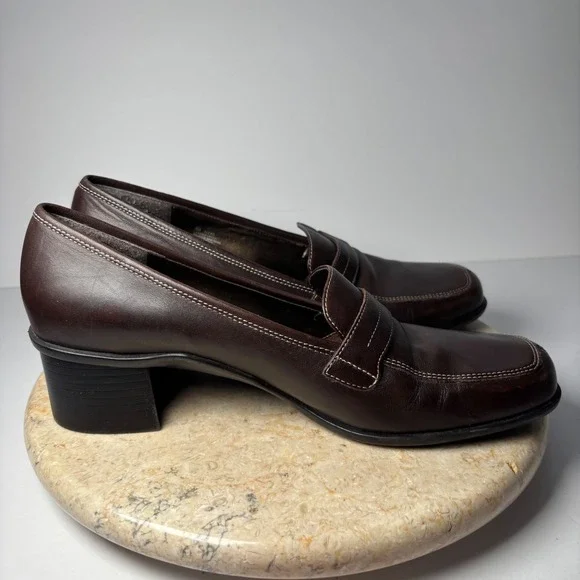 Aerology by Aerosoles Alexis Brown Leather Square Toe Block Heel Loafers 9M - Picture 9 of 10
